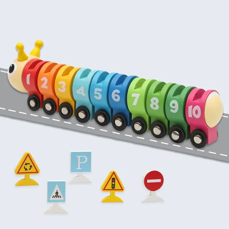Wooden educational toys for kids wooden Colors numbers traffic signs Splice caterpillar toys train set