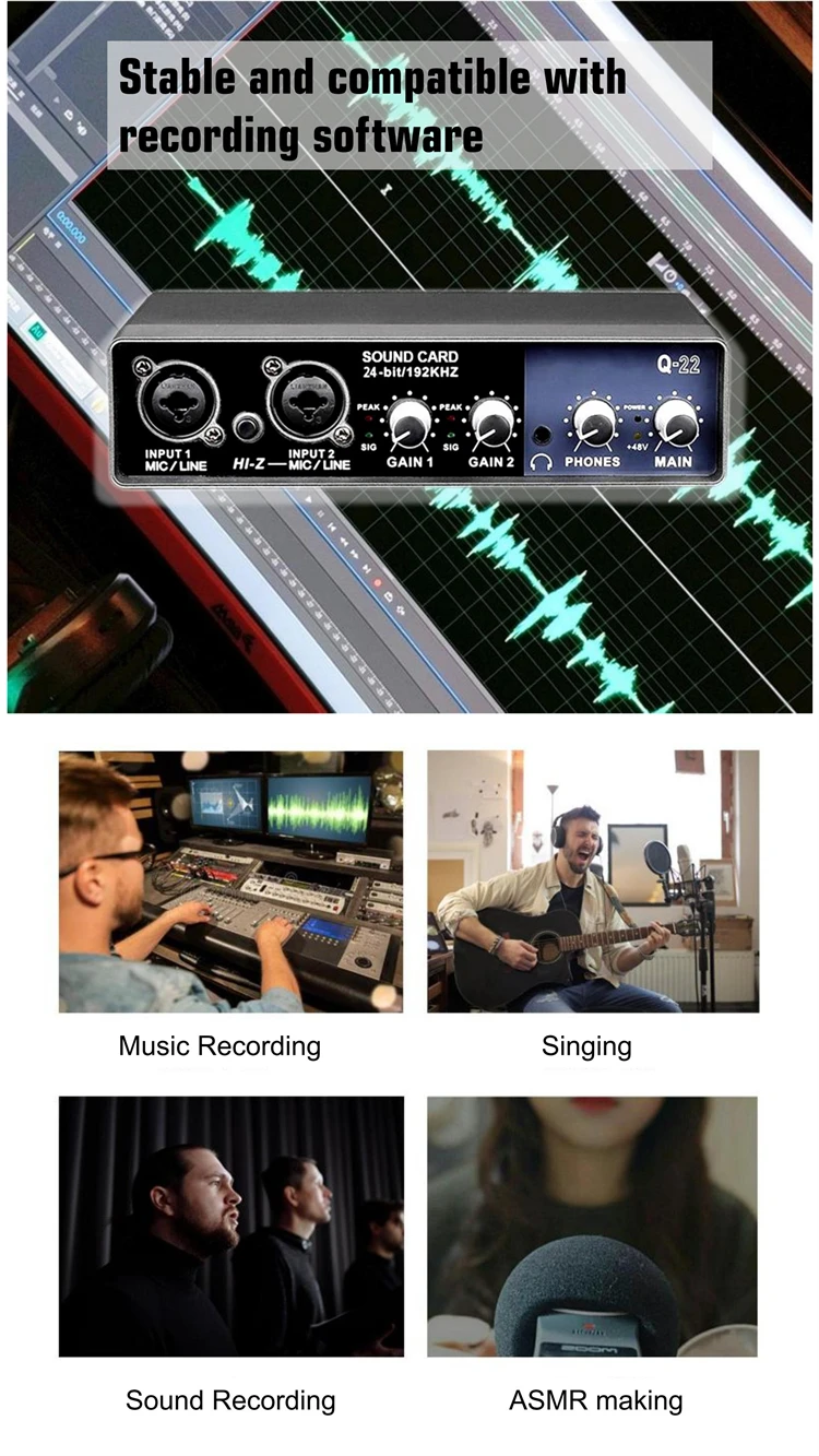 Q22 Studio Equipment for Recording Music Sound Card Interface Kits qith 2 XLR Microphone Port