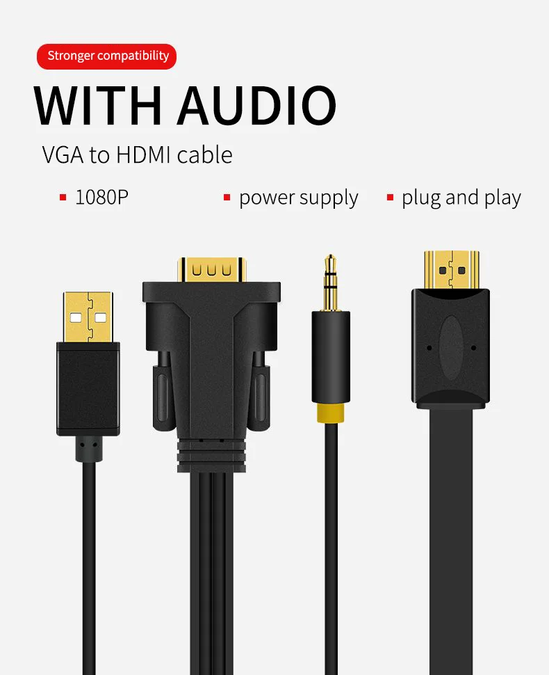 Veggieg Hot Selling Gold-Plated Connector For VGA To HDMI Male To Male Cable With Audio And Power Cable 1.5M 2M 3M