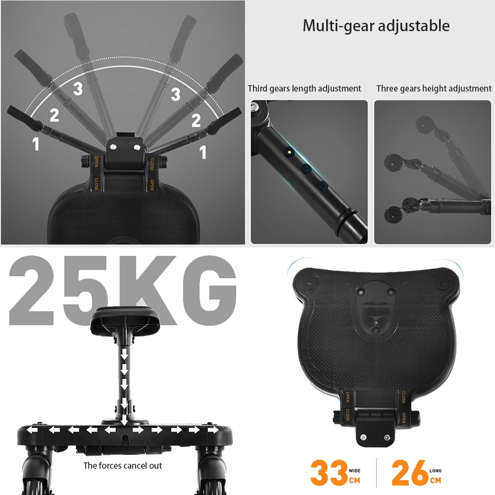 2-in-1 Foldable Buggy Board for Kids 20kg Load Bearing Universal Sitting & Standing Board with Detachable Seat Strollers