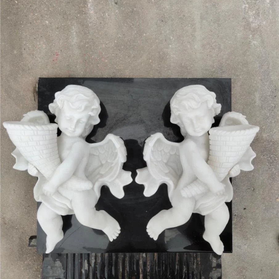 wholesale manufacturers life size white marble stone boy horn angel cherub statues
