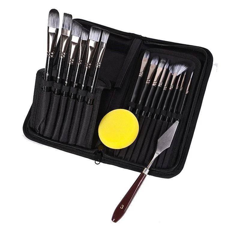 BOMEIJIA  15pcs Nylon Hair Wood Handle Artist Paint Brush Set With Canvas Bag For Acrylic Watercolor Oil  Painting Art Supplies