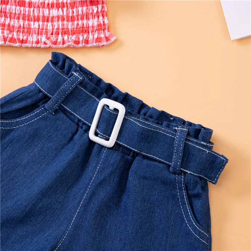 Summer Girls Clothing Sling Suit Plaid Top Denim Shorts Two Piece Set Sweet And Lovely Clothes