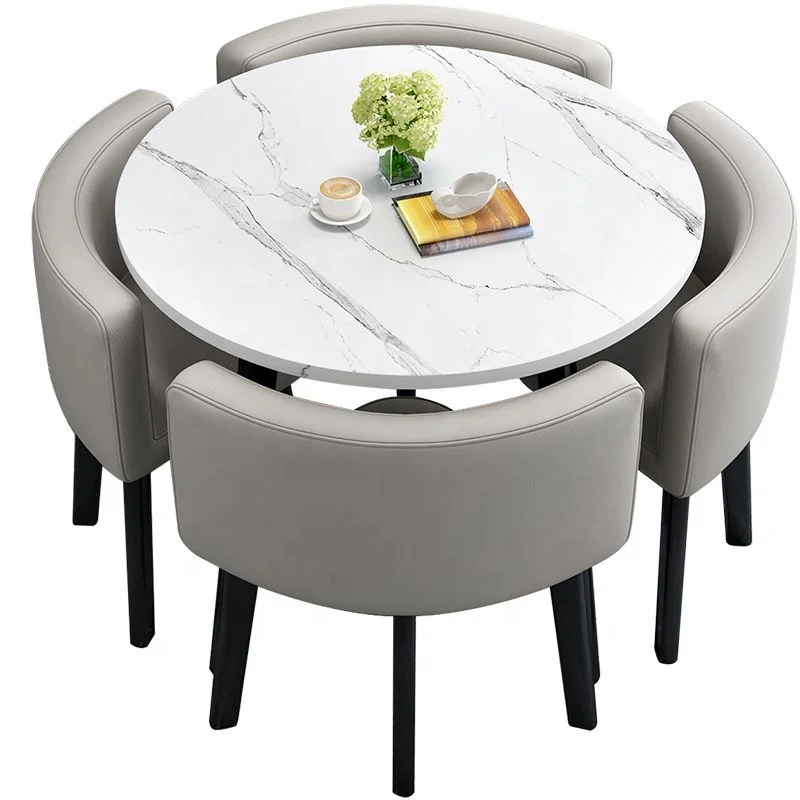 Modern Luxury Wood Kitchen Restaurant Tables and Chair Sets Room Furniture Small Round Marble Wooden Dining Table Set 4