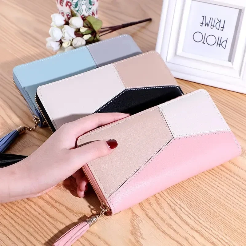 I-0166 Women long Leather Zipper Purse girls Geometric patterns wallets Tassel Wallets Simple Card Holder Women Wallet