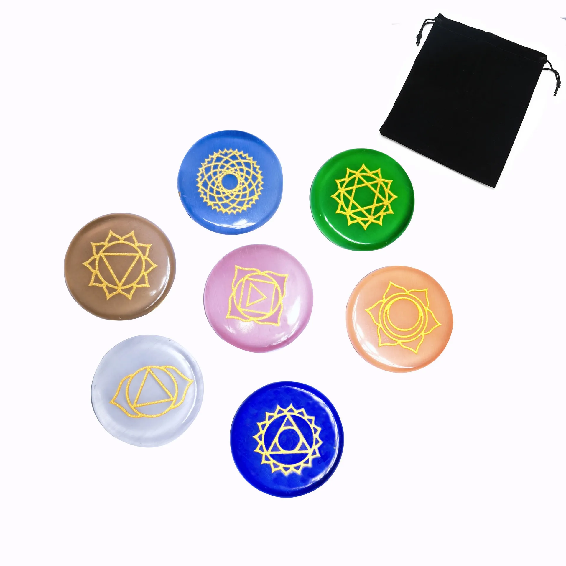 Colorful Cat Eye Stone Natural Crystal 7 Chakra Stone Kit Crystal Engraving Reiki Symbol Energy Yoga Healing Stone Wholesale