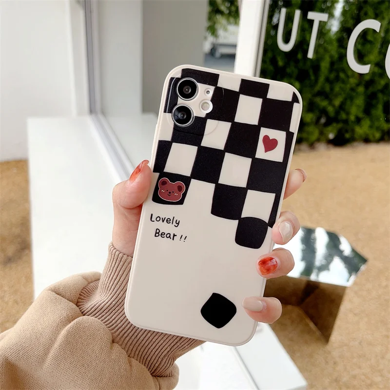 Wholesale Cartoon Lattice Bear Cute Cases For iphone 6 7 8 plus XS XR 11 12 13 MINI PRO Max Soft TPU Fully Cover Silicone Case