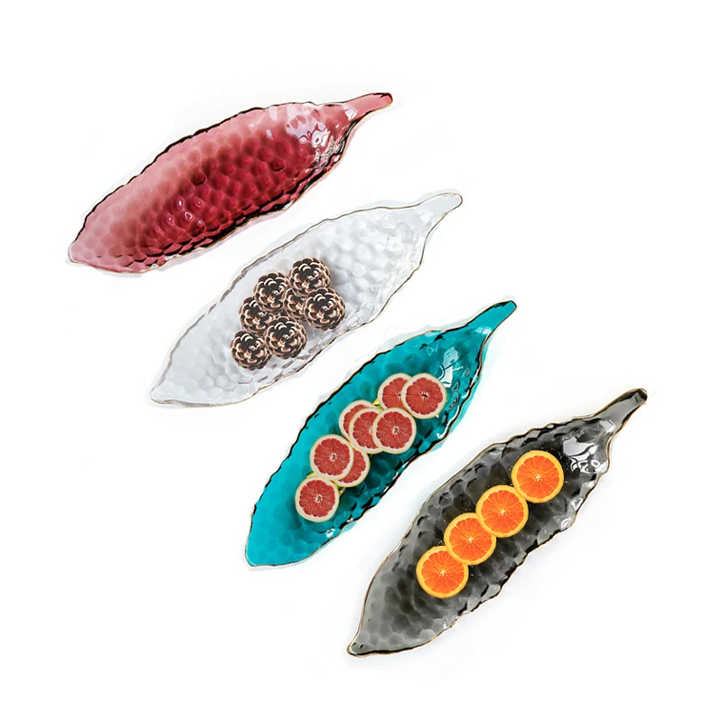 Creative Irregular Decorative Green Pea Crystal Fish Plate with Gold Rim for Home Decor Fruit Sushi Food Serving Display Trays
