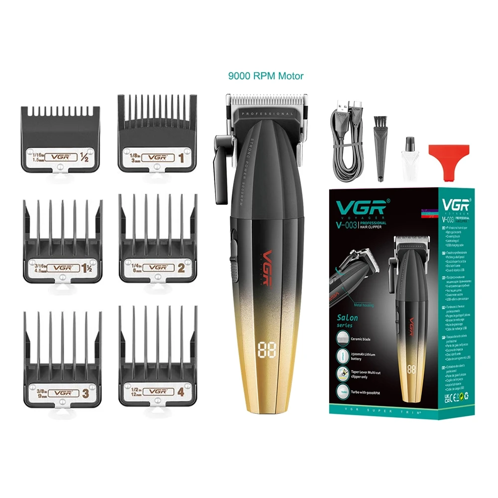 VGR V-003 9000RPM Metal Salon Barber Clippers Rechargeable Professional Hair Clipper for Men