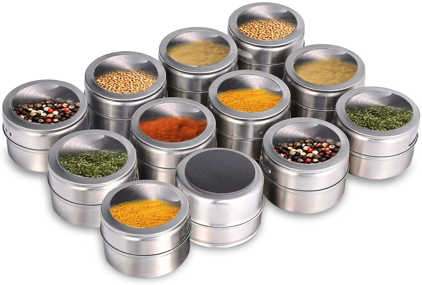 Magnetic Spice Tins With Wall Mounted 12pcs Stainless Steel Spice Jars With Rack Storage Magnet Spice Containers With Clear Lid