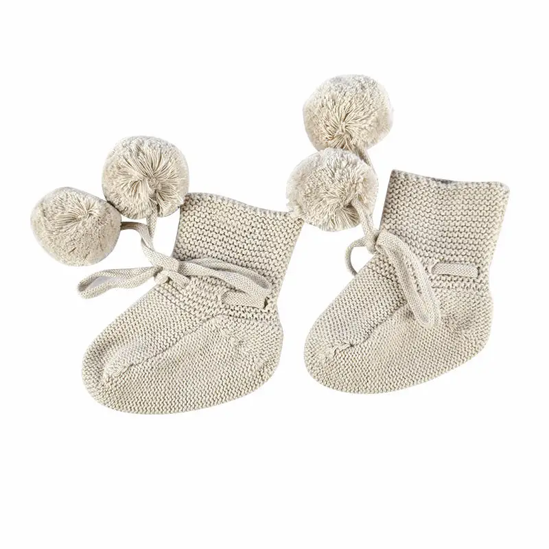Customization Organic Cotton Baby Socks for 0-6 Months Newborn Chunky Knitted Socks Boutique Handmade Balls Infant Booties Shoes