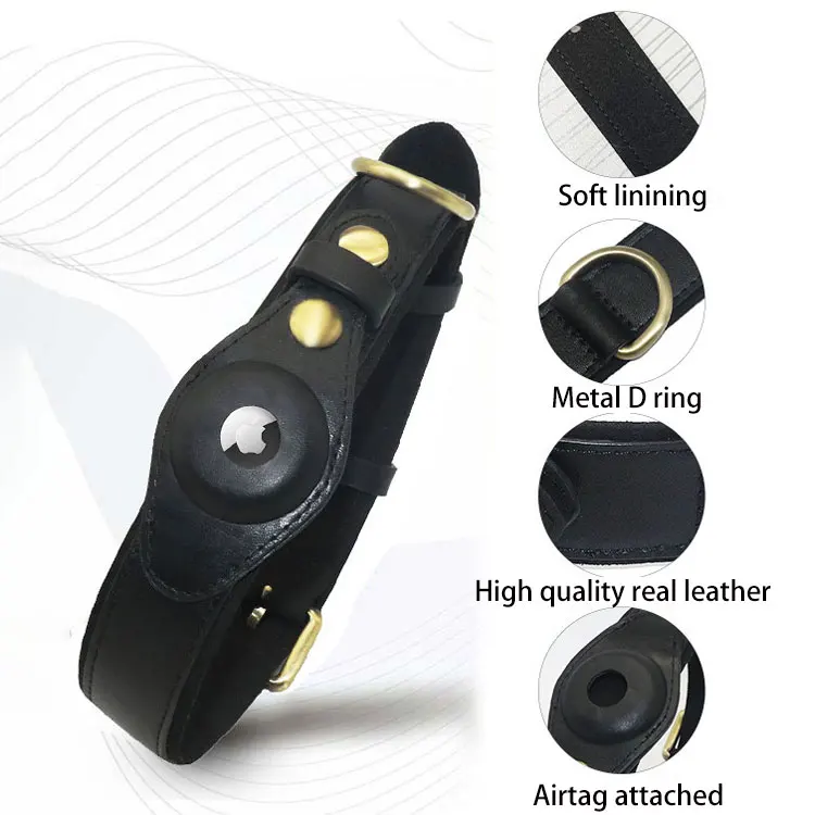 Custom Logo GPS Soft Leather Waterproof Dog Collar With Air Tag Holder
