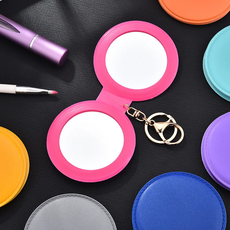Custom Design Travel Round Keychain Compact Pocket Mirror Pink Promotion Cheap Hand Portable Folding Cosmetic Mirror Silver