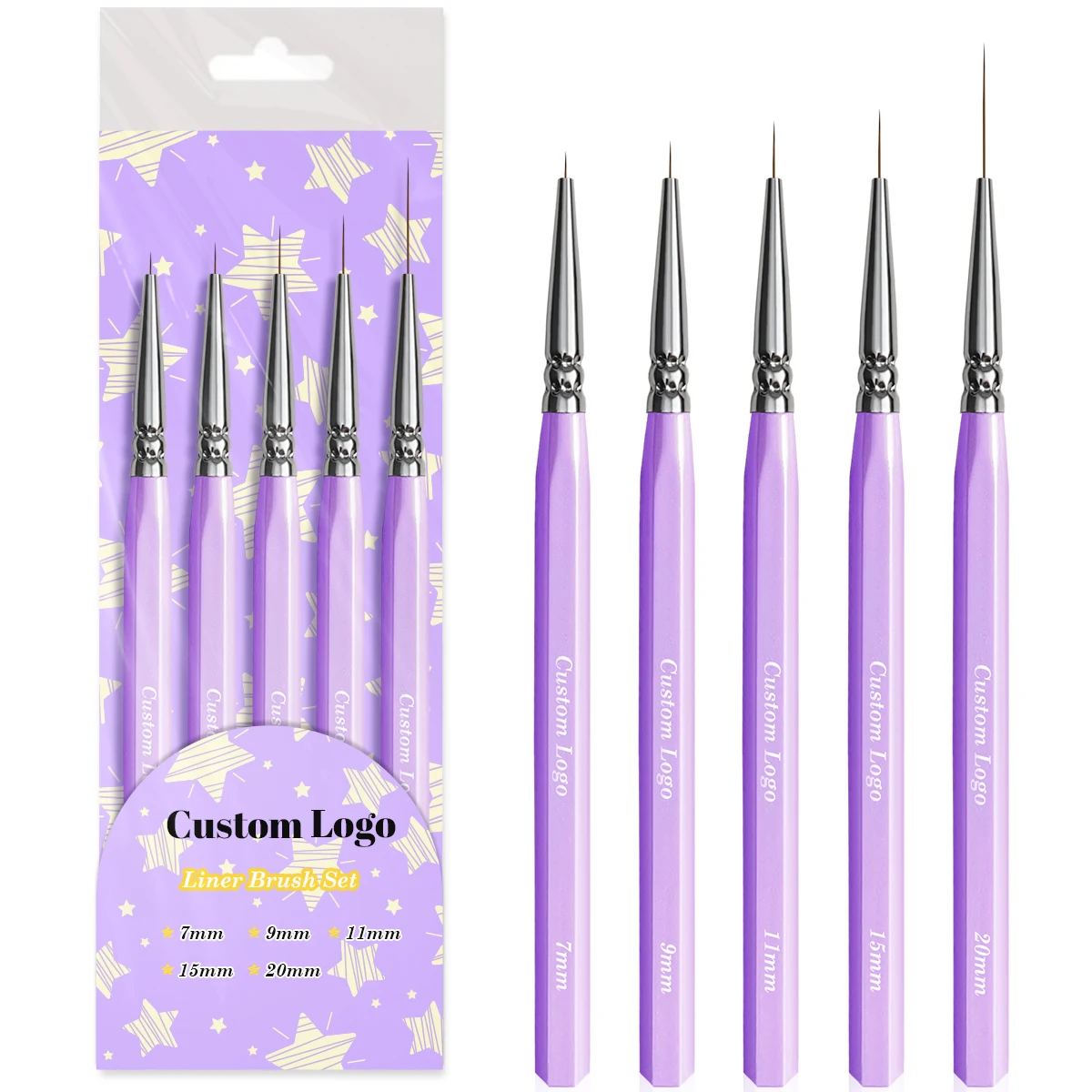 Nail Supplies Manufacturers Crystal Purple Handle Private Label 7 9 11 15 20mm art Brush Customized Logo Liner Brush Nail art