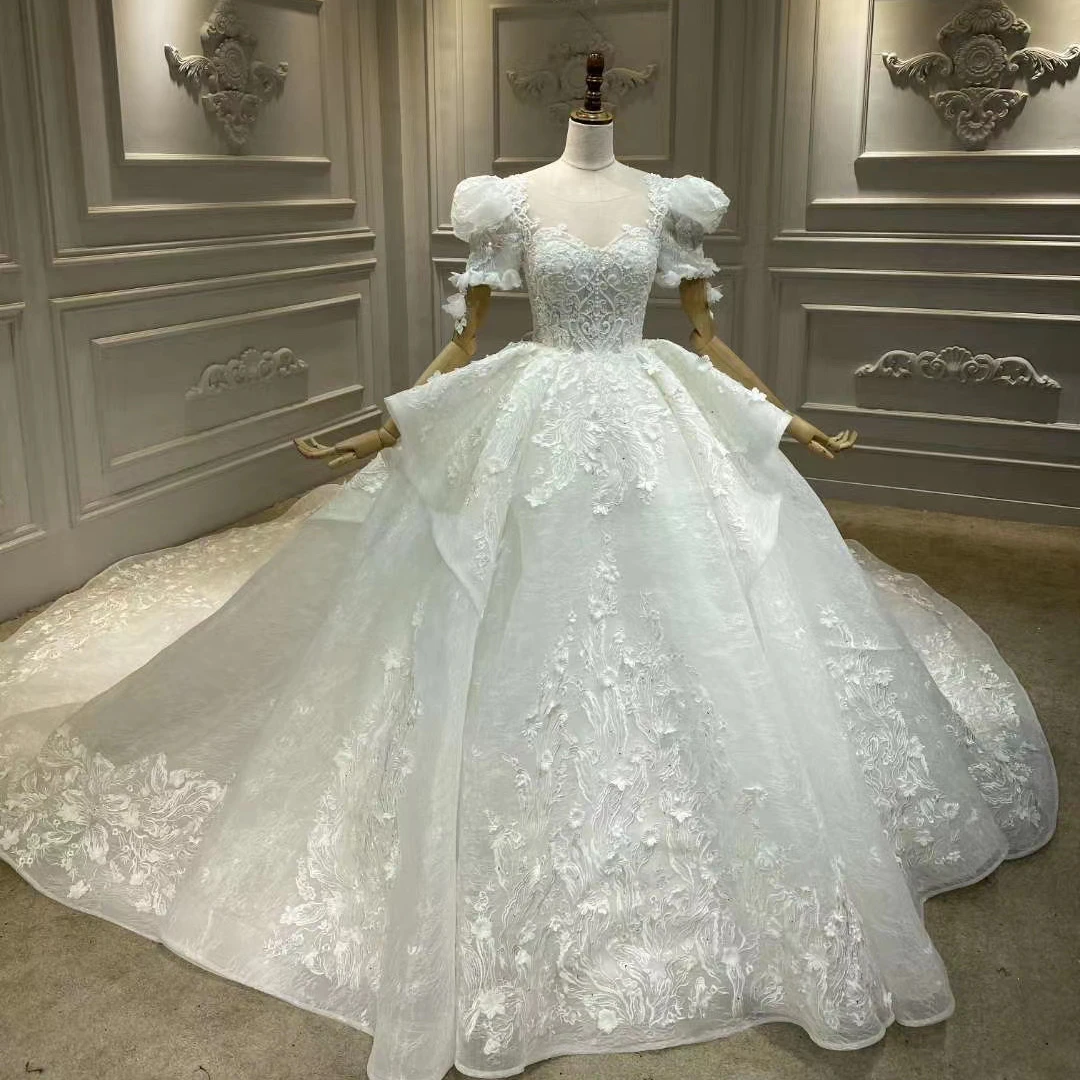 Half Sleeve Boat Neck Ball Gown Classic Lace Embroidery Fairy Mesh Embroidered Wedding Dress Wedding Princess Dress