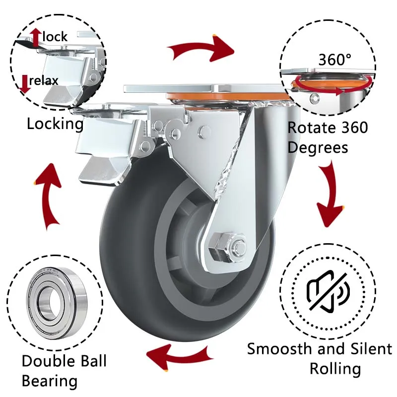 Top Quality 4 5 6 8 Inch Silent TPR Brake Casters 145 165 185 235 mm rubber wheels for hospital cart