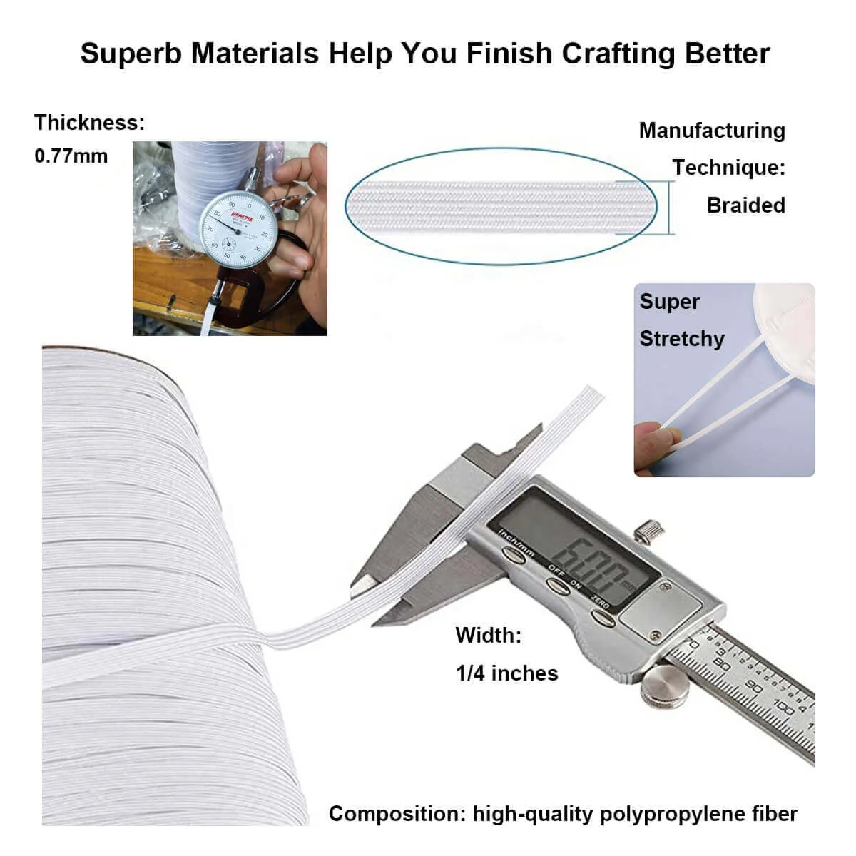 Stretchy Band Elastic Strap 6mm Elastic Tape for Sewing 1/4 Inch Flat Elastic Band Rolls 70 Yards Black & White Elastic Band