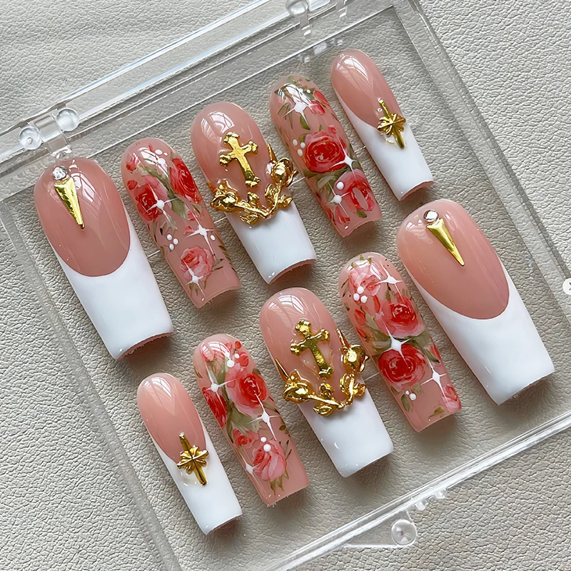 Bling Rhinestone Handmade False Custom Logo Red Acrylic Press On Nails Medium Length