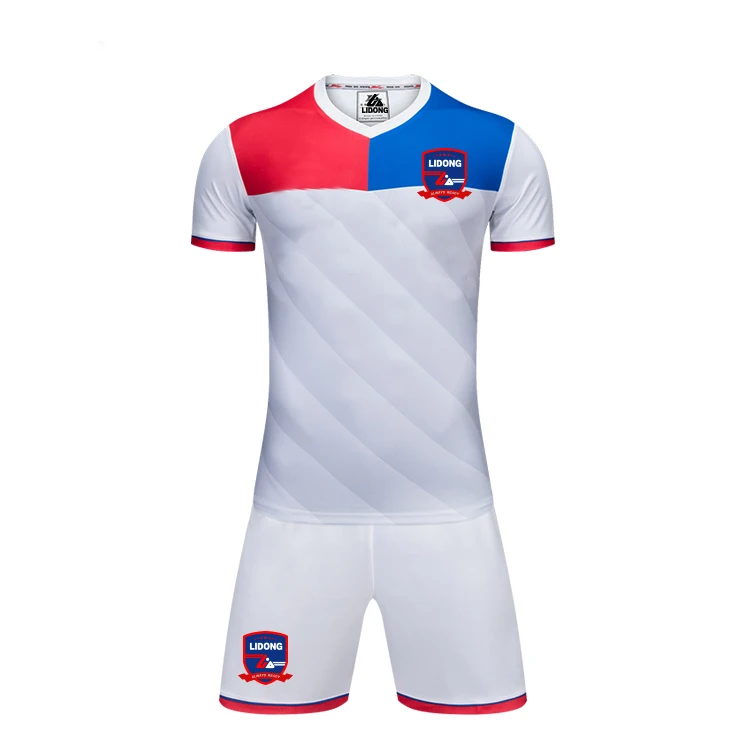 Wholesale High Quality Breathable Quick Dry Polyester Europe Men Full Set Blue And White Custom Designs Soccer Uniform