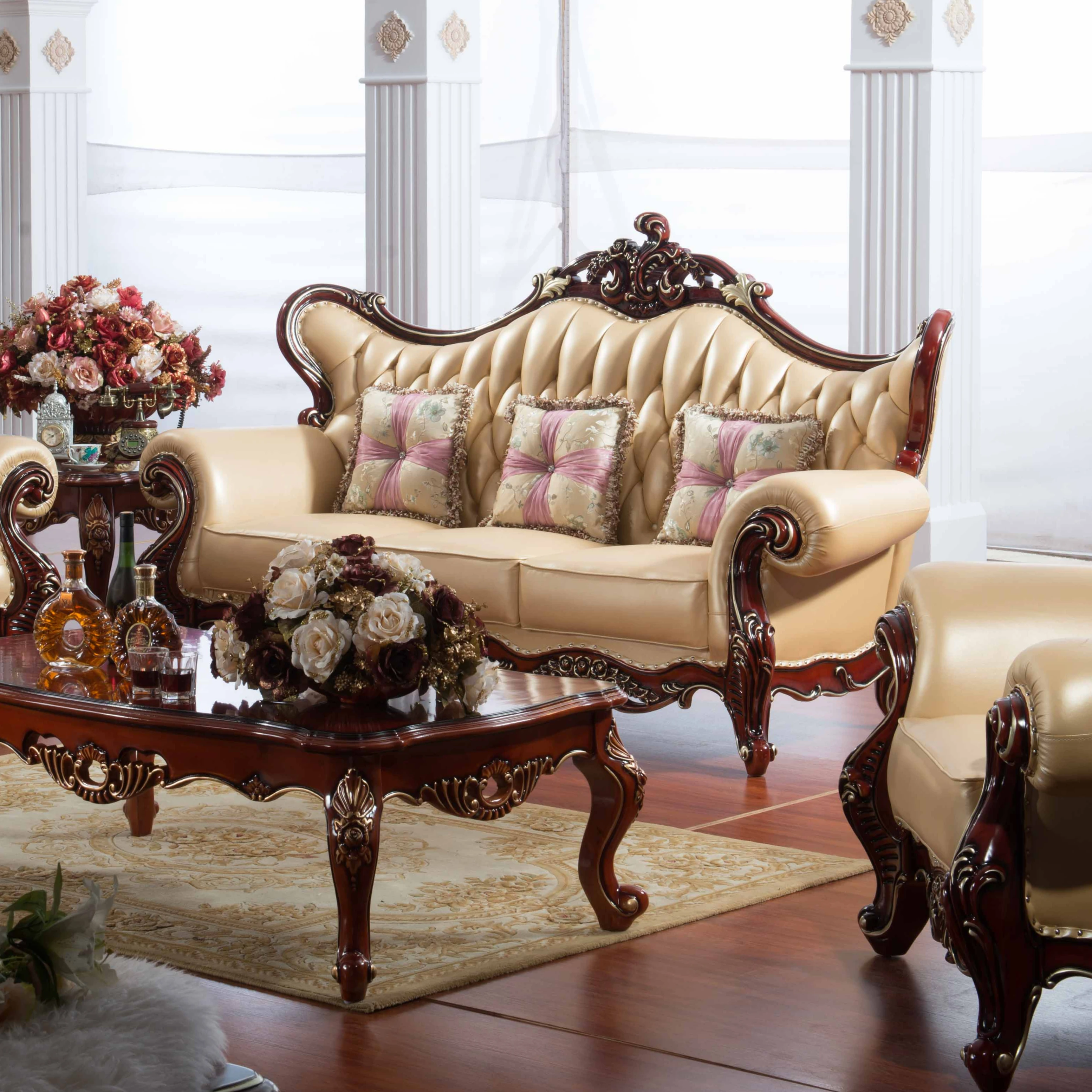 brown color solid oak wood European luxury cowhide leather sectional sofa, living room sofas