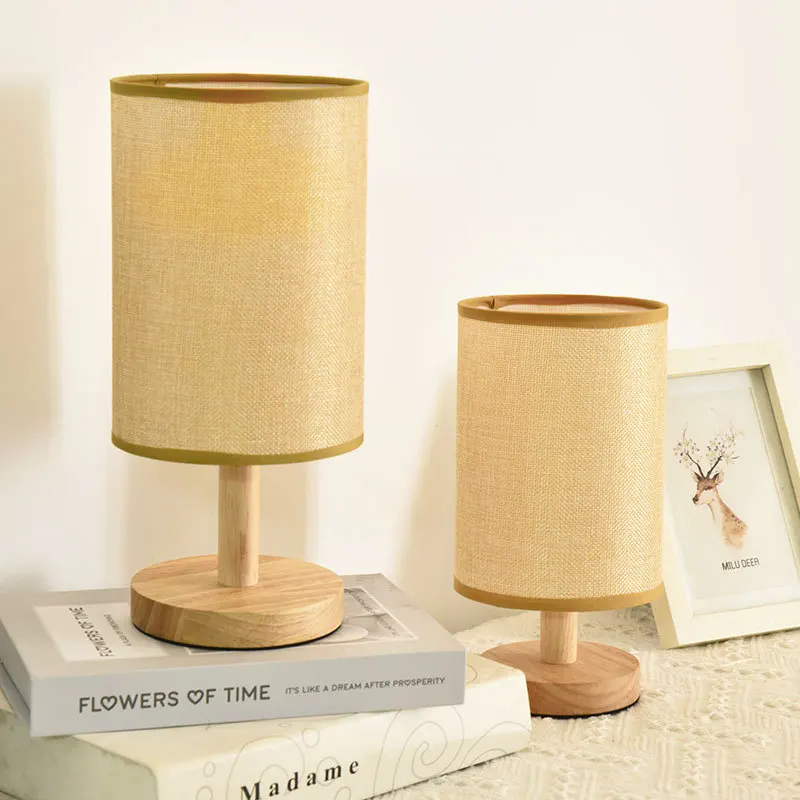 Bedroom Bedside LED Night Light Wooden Small USB Table Lamp Warm White Desk Reading Lamp with Round Fabric Shade for Kid Room
