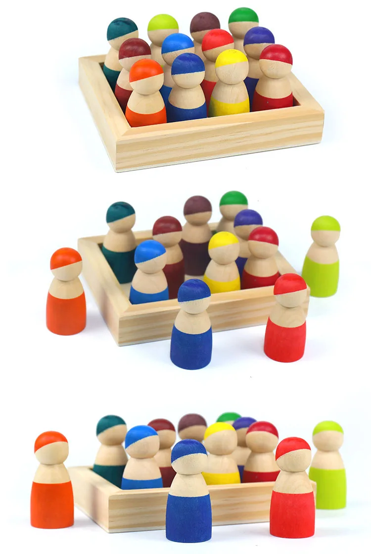 Wholesale Wooden Toys Pastel Rainbow Friends - 12 coloured pastel baby peg dolls