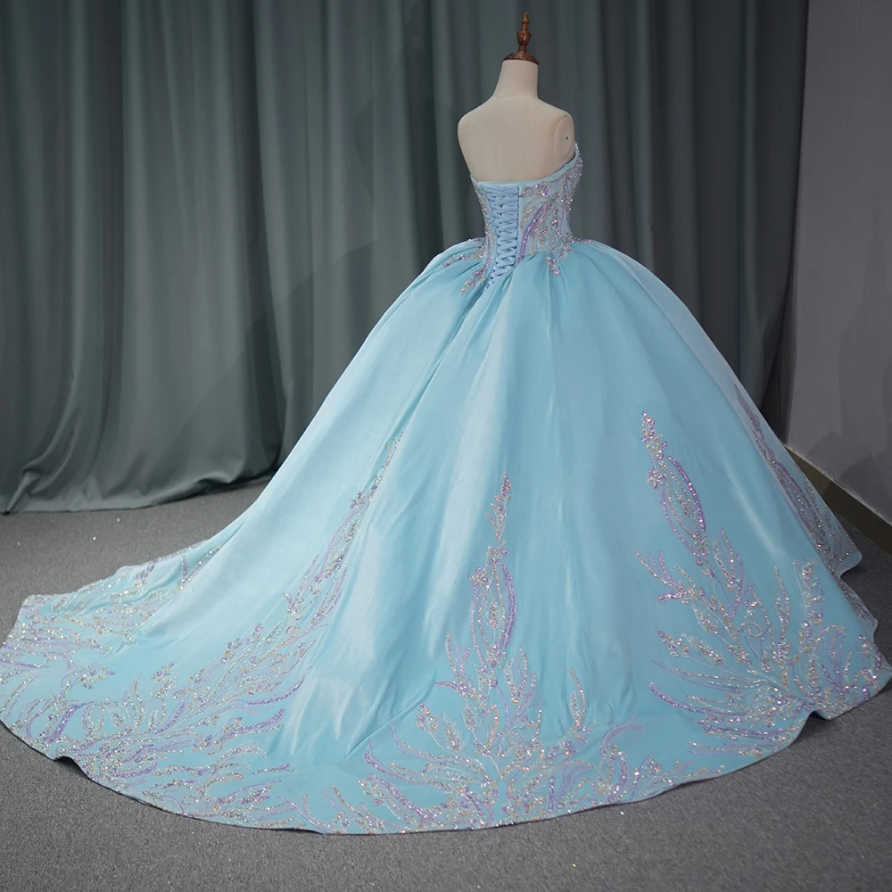 Blue Quinceanera Dress Lace Applique Beaded Bling Organza Off Shoulder Sweet 16 Dy6831