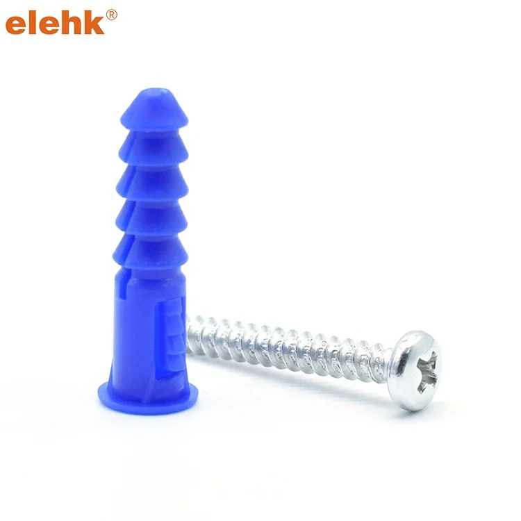 elehk Drill Bit Ribbed Plastic wall plug 12-14-16 X 1-1/2-Inch, blue, 100-Pack Tapered and Ribbed Plastic Anchors