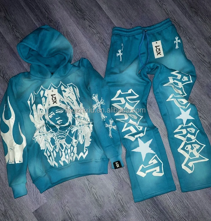 Custom Streetwear Vintage Luxury Enzyme Acid Washed 400 Gsm Screen Print Hoodie Unisex Men Stacked Jogger Sets Manufacturer