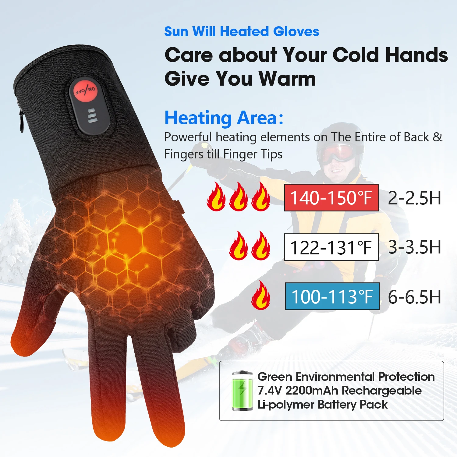 7.4v Touch Screen Waterproof Snow Heating Glove Liners Battery Rechargeable Electric Heated Ski Gloves