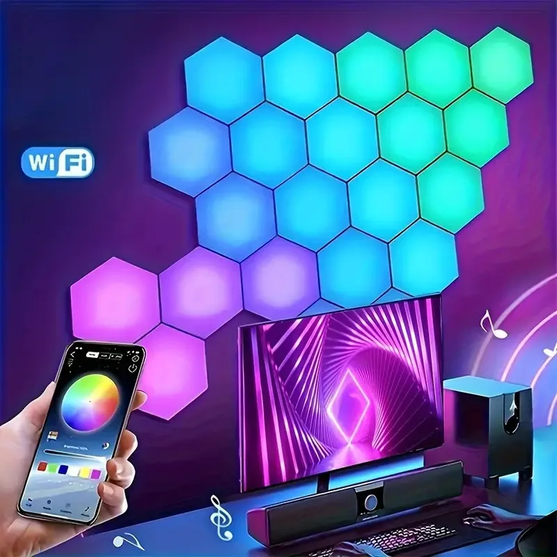 Hexagon Lights RGB LED With Remote Control Music Sync Wall Panels For Gaming Room Bedroom Living Room