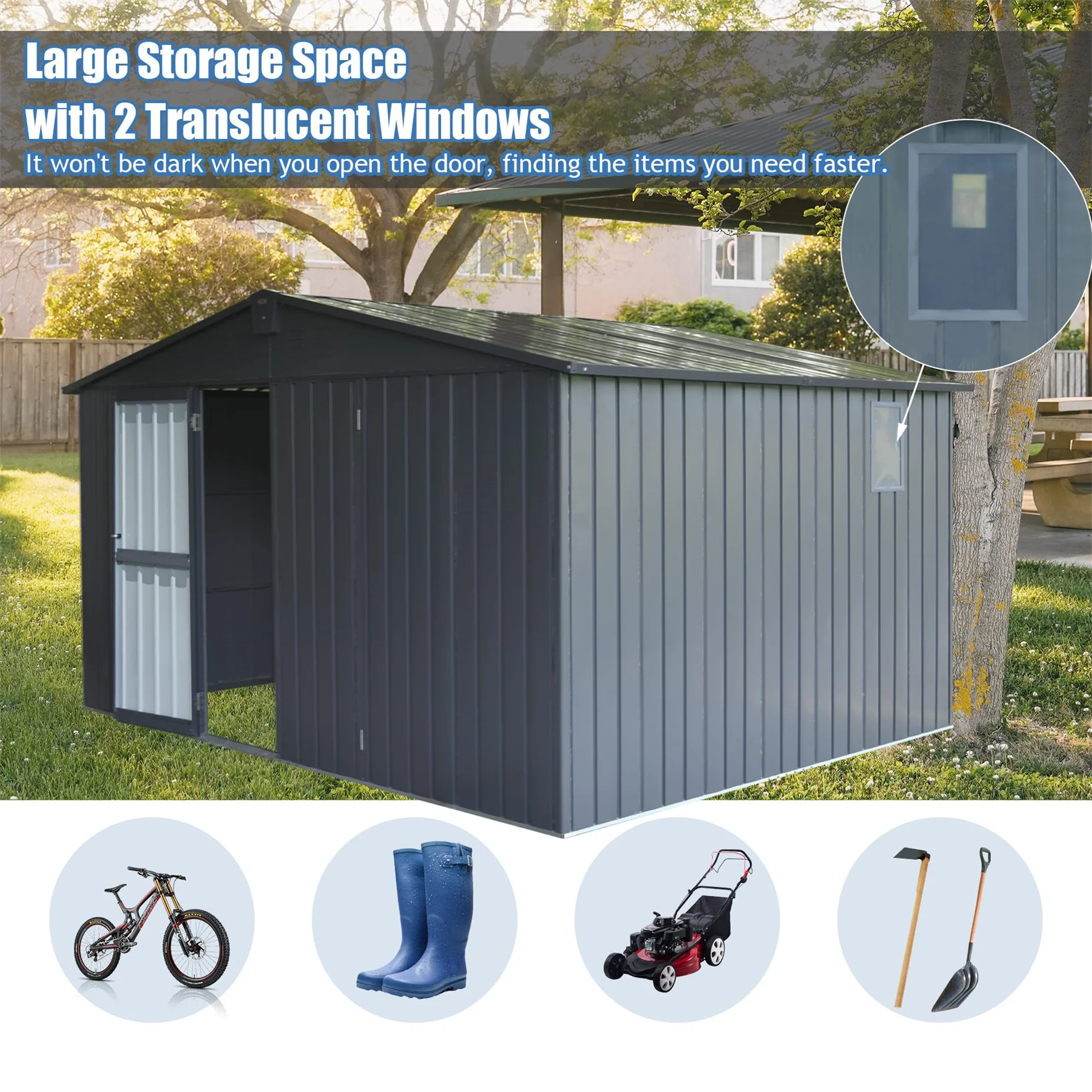 11 * 12.5 FT Outdoor Garden Shed Metal Utility Tool Storage Room with Lockable Door for Patio(Dark Gray)