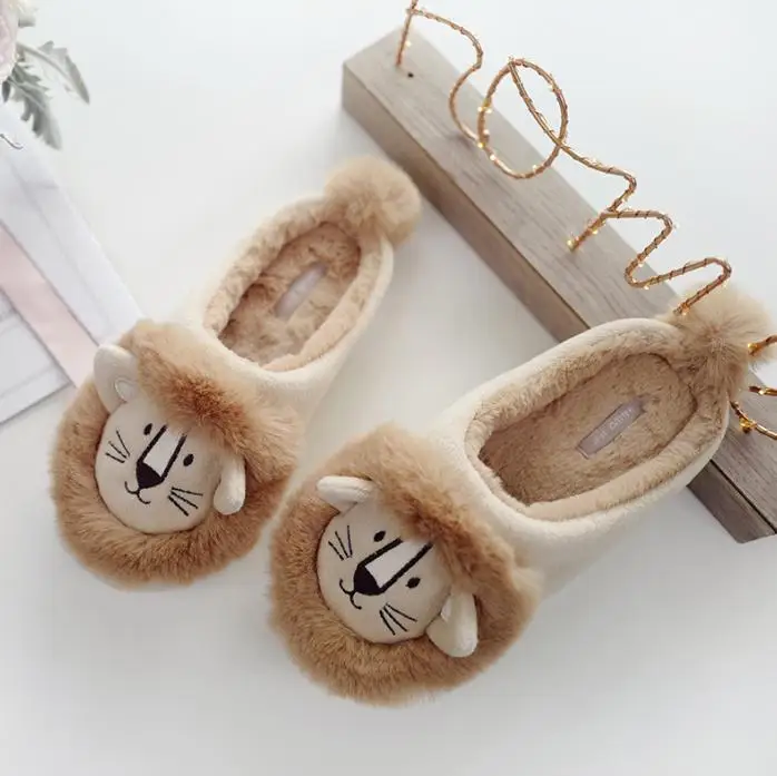 Cartoon warm cute lion indoor home rubber sole non-slip cotton slippers female gift