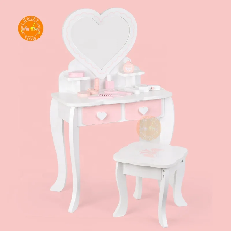 Wood Makeup Dressing Table Toy  Wooden Dresser  Role Play Toy  Princess Cosmetics Gift Set for Girls