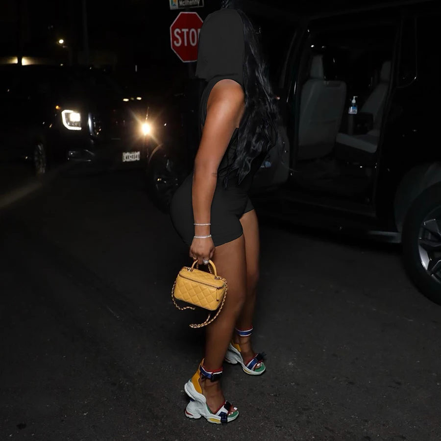 36067 Hood Backless Romper Night Club Wear One Piece Jumpsuit Women