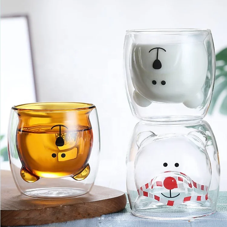 Wholesale creative Little Bear shape Double layer Borosilicate glass With Wall Tea Glass Cup coffee mug
