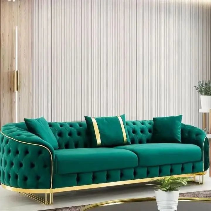 Home furniture Chesterfield Design Royal Luxury Gold foot Velvet Fabric Couch Living Room Sofa