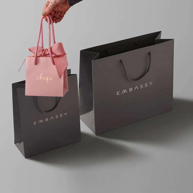 Luxury Custom Gold Hot Stamping Retail Shopping Gift Paperbag Packaging Boutique Bags Matte Black Paper Bag With Your Own Logo