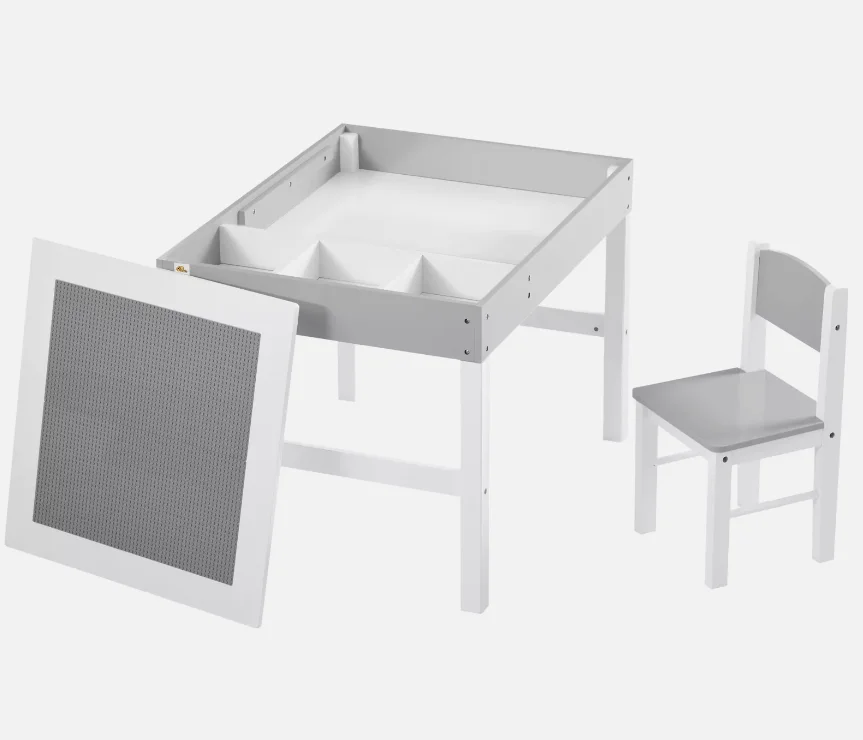 Kids wooden Table and Chair Set with Building Blocks Desktop with storage space