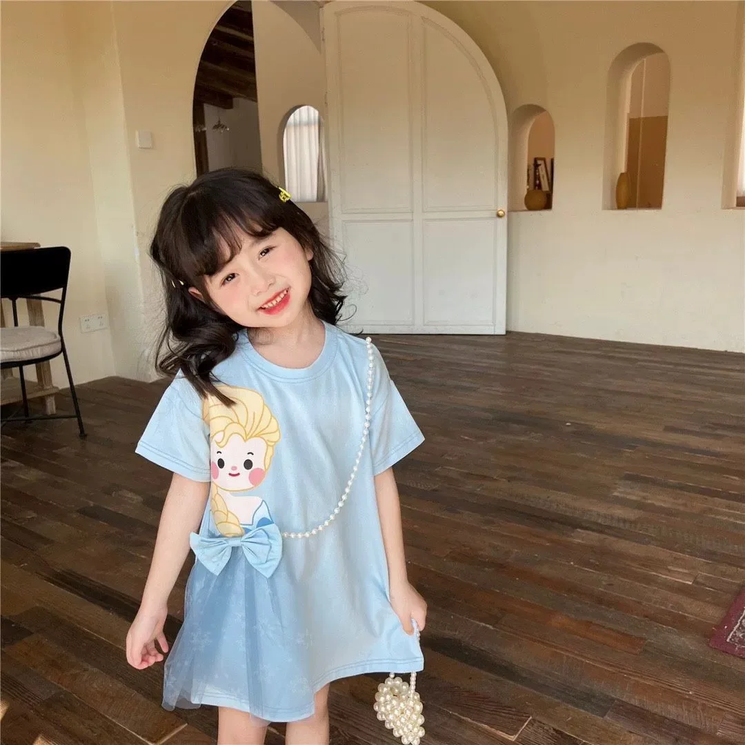 Princess Dress Little Girl Summer Short Sleeve Cute cartoon T-shirt skirt Baby casual long skirt bow style pearl gauze skirt