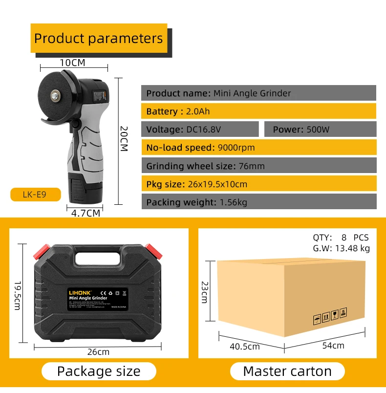 E9-1 16.8v mini angle grinder 76mm portable cordless grinder machine wood cutting machine metal electric polishing machine