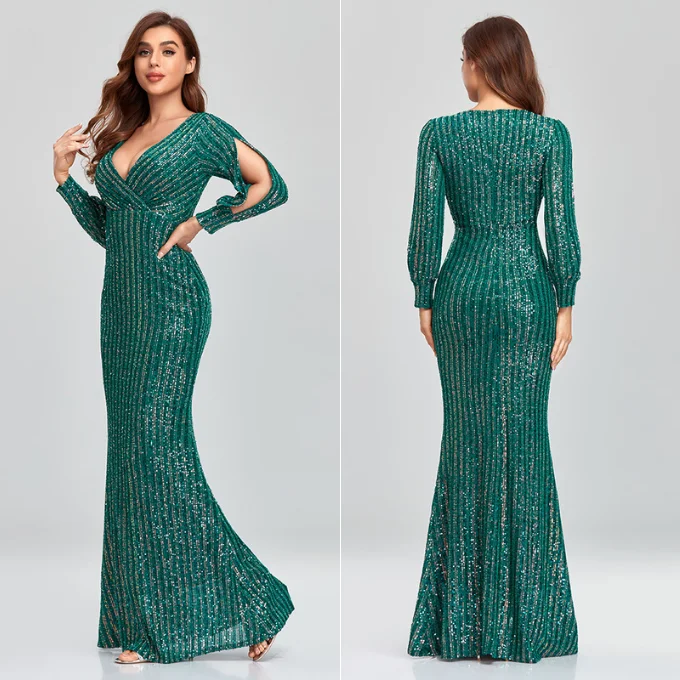 Fashion Party Maxi Dress Super High Waist Crossed Chest V-Neck Split Long Sleeve Sequin Stretch Slim Mermaid Evening Gown Dress