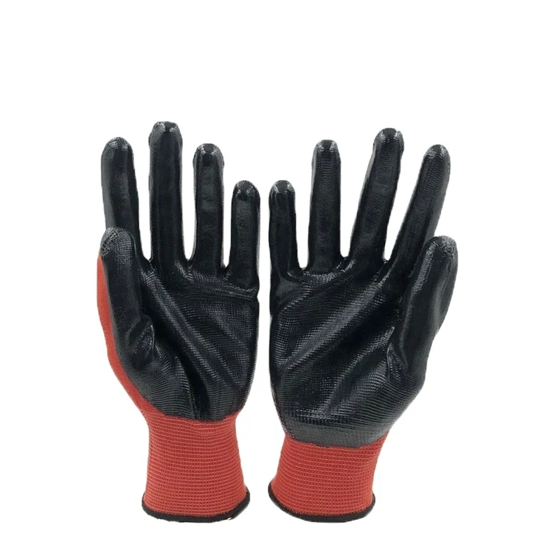 Custom LOGO Nitrile Palm Coated Black Gloves Nylon Oil Grip Mechanic Work Automotive Construction