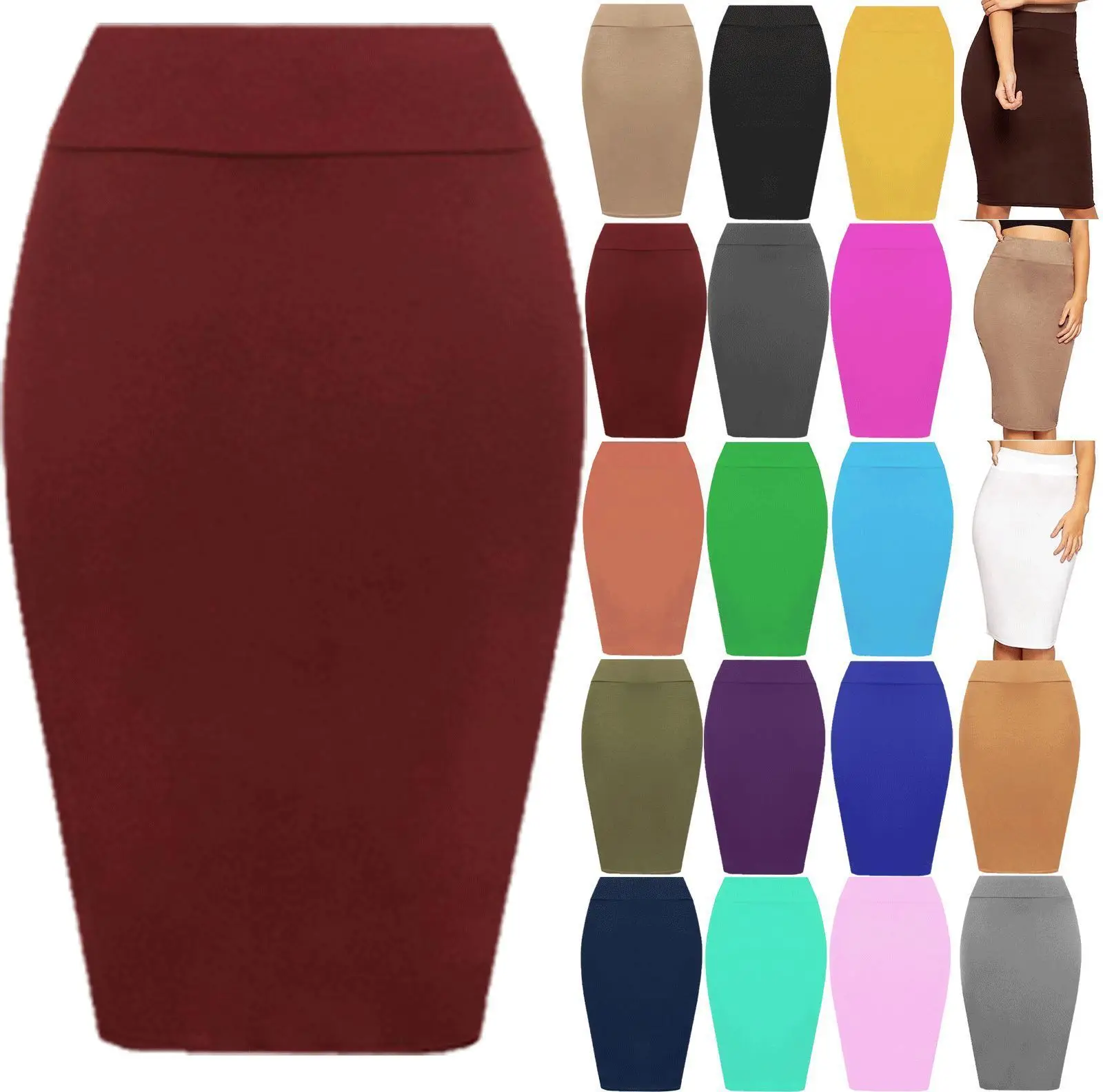 Solid Color Elastic Waist High Eastic Sexy Knee Length Pencil Skirts Bag Hip Skirt Women Trendy
