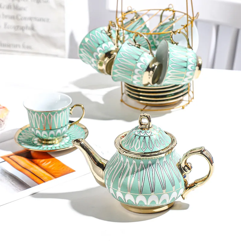 Hot selling Modern bulk wholesale ceramic gold luxury 13pcs gift box coffee tea cup and saucer sets with gold handle