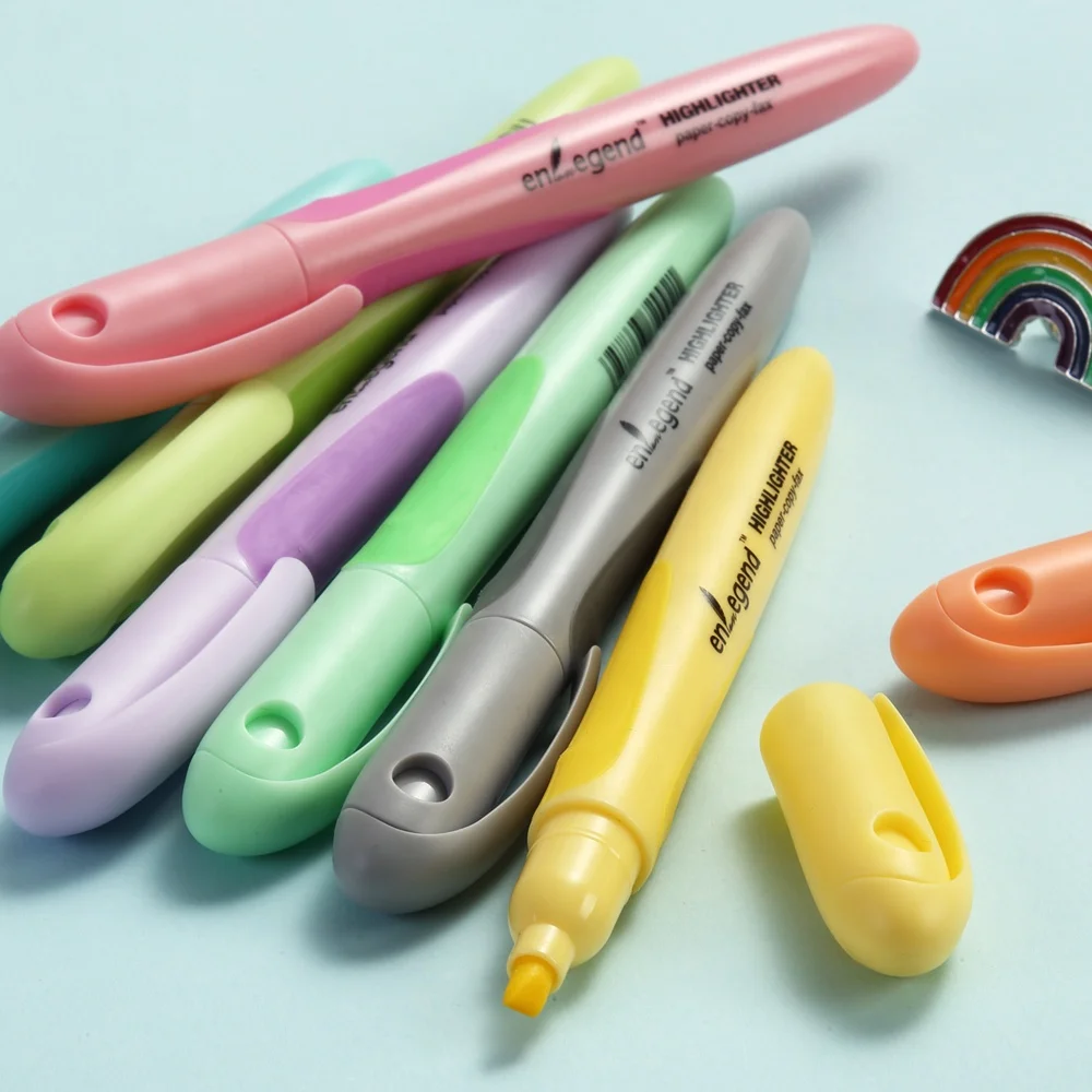 Fashionable Design Pastel Color Text Marker Pen Highliters Stationery Style Customer Logo With Rubber Grip
