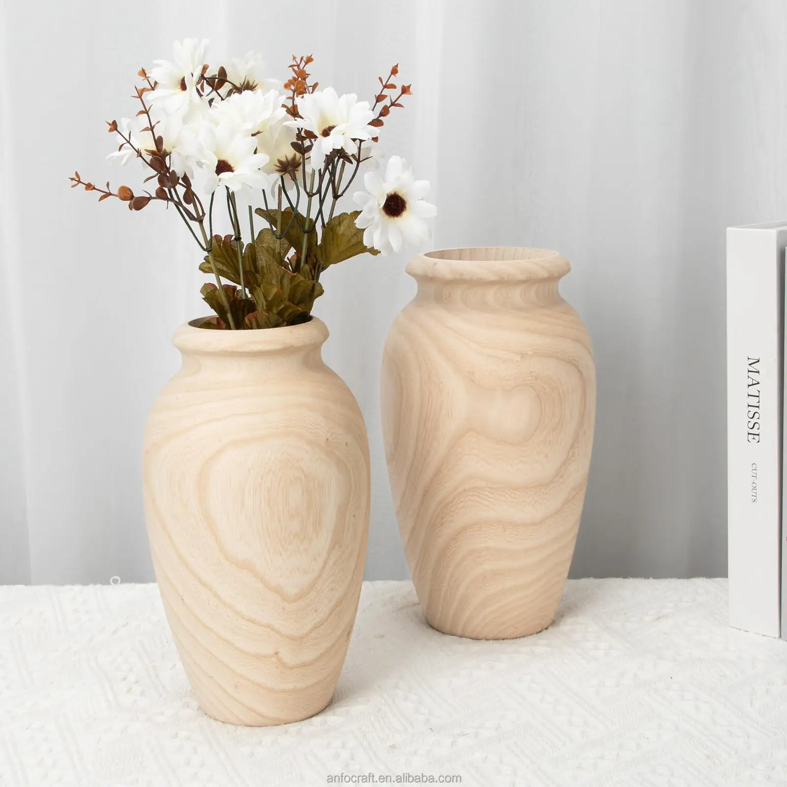 Modern Natural Wooden Vase Shallow Mouth Decorative Bamboo Floor Vase Garden Holding Dried Artificial Flowers Table Centerpiece
