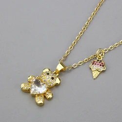 New Design Fashion Diamond Love Bear Pendant For Women  Cute Teddy Bear Ice Cream Combination Necklace
