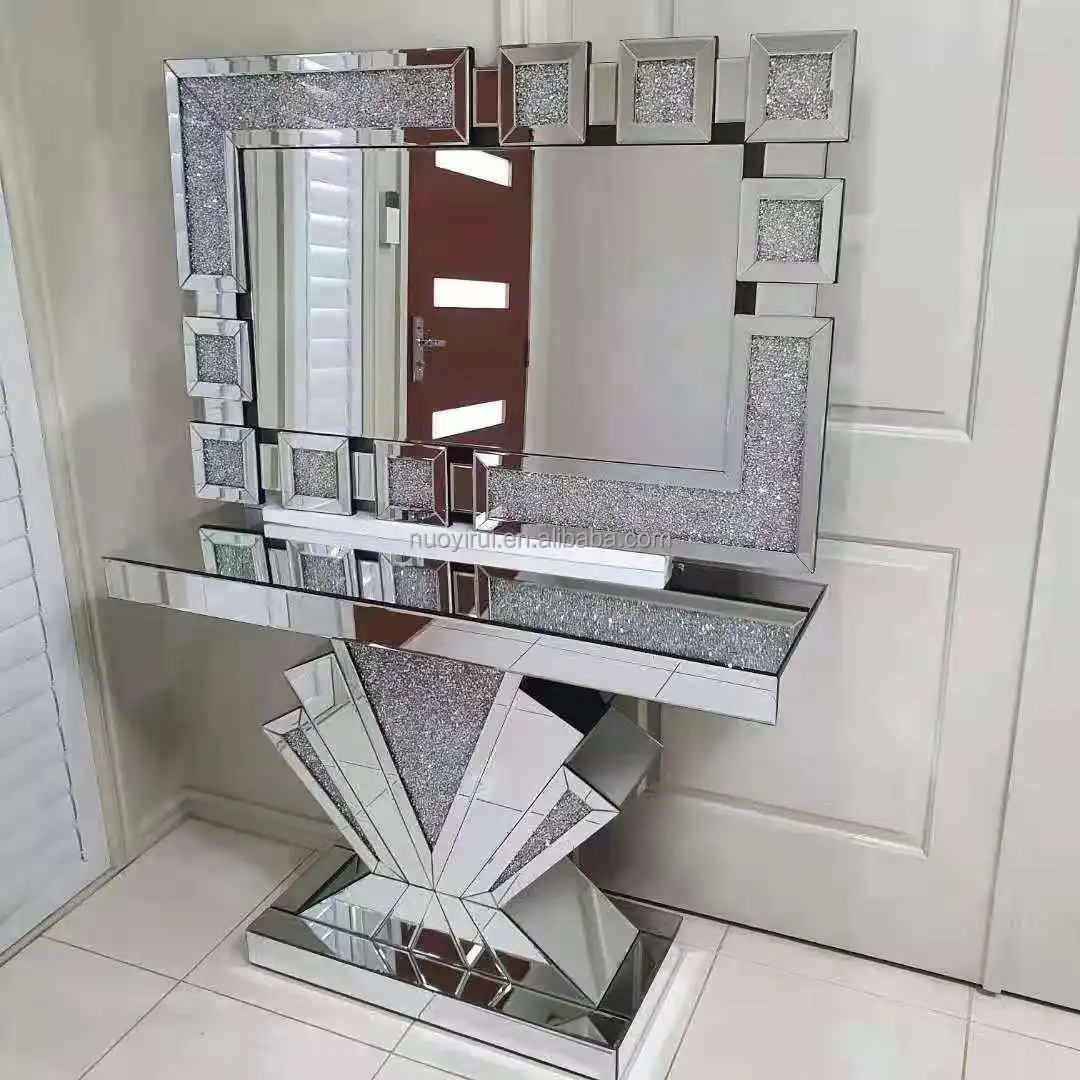 Modern Luxury L V Shape Gold And Mirrored Glass Console Table With Square Mirror Set Sideboard Vintage