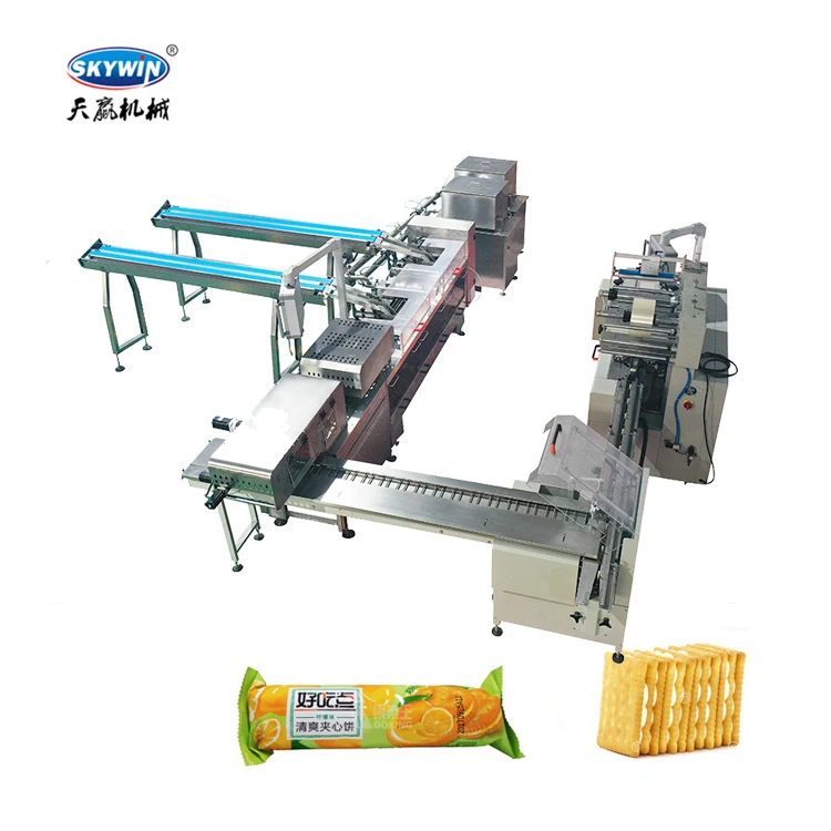 Skywin High Speed Two Lanes Biscuit Sandwiching Machine With On Edge Flow Packing For Cookie Cream Filling